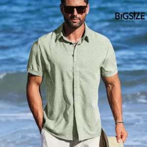 LETSEE Men's Linen Shirts Short Sleeve (Light Green)